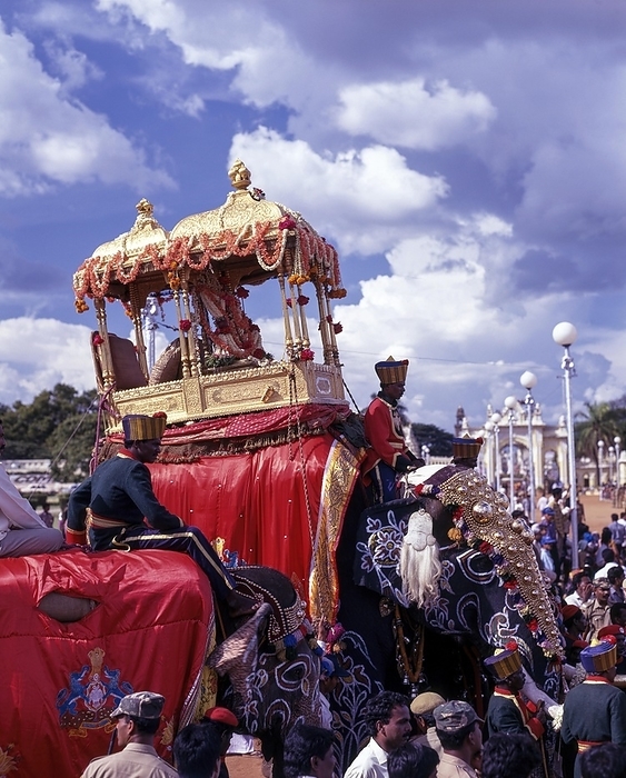 Goddess Chamundeshwari placed in 750 kilograms of golden mantapa on the top of a decorated elephant in Dussera or Dasara procession during Navarathri festival in Mysuru or Mysore, Karnataka, India, Asia, by Muthuraman V