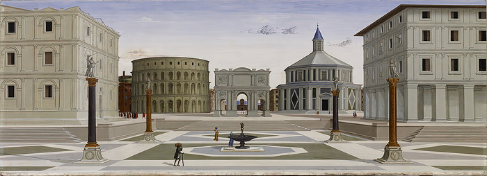 The Ideal City, c1480 1484. Creator: Unknown. The Ideal City, c1480 1484. The imaginary city square features a Roman arch typically erected as a commemoration of military victory at its centre. As a whole, the painting offers a model of the architecture and sculpture that would ideally be commissioned by a virtuous ruler who cares for the welfare of the citizenry. The amphitheater is modeled on the Colosseum in Rome. The octagonal structure to the right, covered with coloured stone, suggests the medieval Baptistery in Florence, which in the 15th century was thought to be a reused Roman temple. Together they reflect the importance of security, religion, and recreation in a well regulated city and the value of Roman ideals in urban design. Creator: Unknown.
