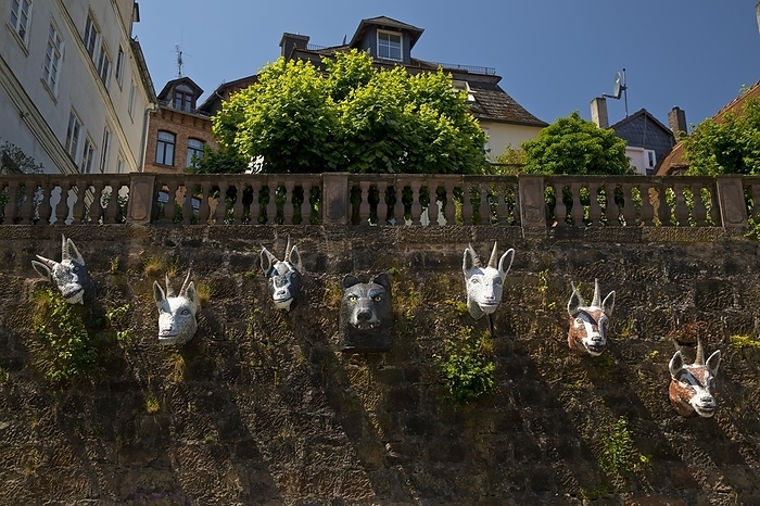 The Wolf and the Seven Young Goats on a Wall, Grimm-Dich Path, Brothers Grimm, Marburg an der Lahn, Hesse, Germany, Europe, by Stefan Ziese