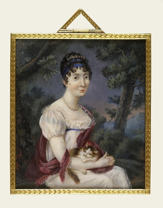 Mary M. Phillips, c1810. Creator: Unknown. Mary M. Phillips, c1810. Three quarter, seated portrait of a young woman holding a cat in her lap, with a landscape background. Creator: Unknown.