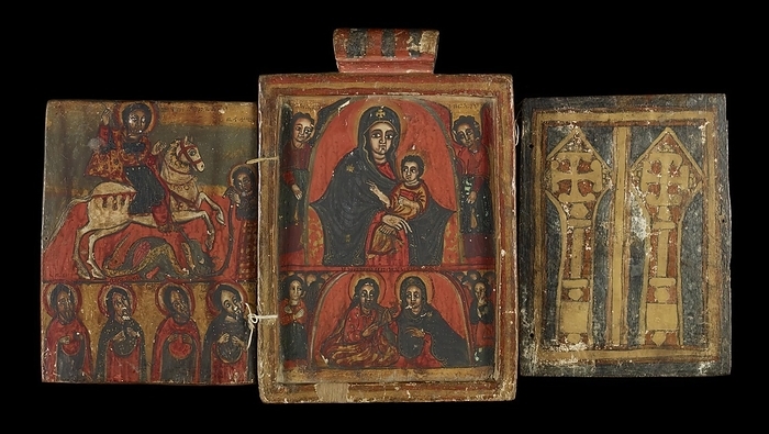 Double sided Icon with Scenes from the Life of Christ, the Virgin Mary, and the Saints, 18th century Creator: Unknown. Double sided Icon with Scenes from the Life of Christ, the Virgin Mary, and the Saints, 18th century. This double sided triptych icon from Ethiopia is a small scale painting that would have been used in private devotion. The cylinder at the top of the piece reflects the construction of smaller Ethiopian icons that were suspended from a cord and worn around the neck. When open, the piece displays several images of key importance in Ethiopian Orthodox Christianity. On the front, arranged in two registers, are the Virgin and Child flanked by archangels  above centre , the Covenant of Mercy, where Christ appoints his mother as the intercessor for humankind  below center , Saint George  above, outer wing , and four saints  below, outer wing . On the reverse are the Crucifixion with three saints and the Archangel Michael  center , Kwer  x2019 ata Reesu, or Christ Wearing the Crown of Thorns  upper right, outer wing , and the Harrowing of Hell  lower right, outer wing . When closed, the exteriors of the wings display colourful painted crosses and an abstract geometric design of nested rectangles. Creator: Unknown.