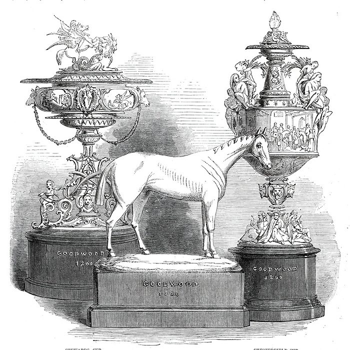The Goodwood Race Plate, 1860. Creator: Unknown. The Goodwood Race Plate, 1860.  The Stewards  Cup, by Messrs. London and Ryder, is of charming design and workmanship. The general form of the vase resembles the proportions of some antique models and the sculptural decorations are appropriately chosen from classic mythological fable. The group on the cover represents Bellerophon, mounted on Pegasus, the winged horse of the Muses, conquering the Chimaera...The shaft is decorated with the head of Medusa, winged monsters, and boys...Mr. T. W. Reeve was the designer and modeller of this cup. The Goodwood Cup, by R. and S. Garrard and Co., is a finely chased model of a thoroughbred horse...This work is the last executed by the late Edmund Cotterill...The Chesterfield Cup, by Messrs. Hunt and Roskell, is in silver, of a composite style of ornament, and illustrates in an efficient and pleasing manner the Canterbury Pilgrimage. It may therefore be called the Chaucer Cup...The handles of the vase are formed by figures of Spring...the artist  is  Mr. Thomas Brown, whose works we have before mentioned in connection with that of the eminent firm of Messrs. Hunt and Roskell . From  quot Illustrated London News quot , 1860. Creator: Unknown.