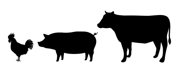 Silhouettes of chicken, pig, and cow