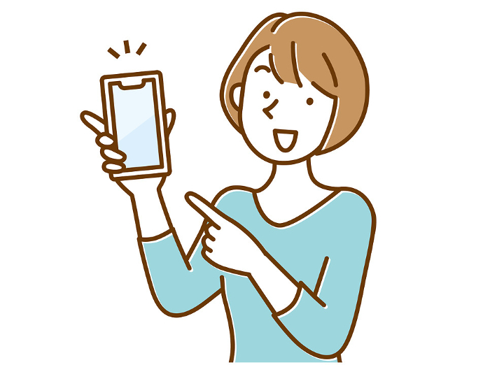 Illustration of a young woman smiling and pointing at a smartphone screen
