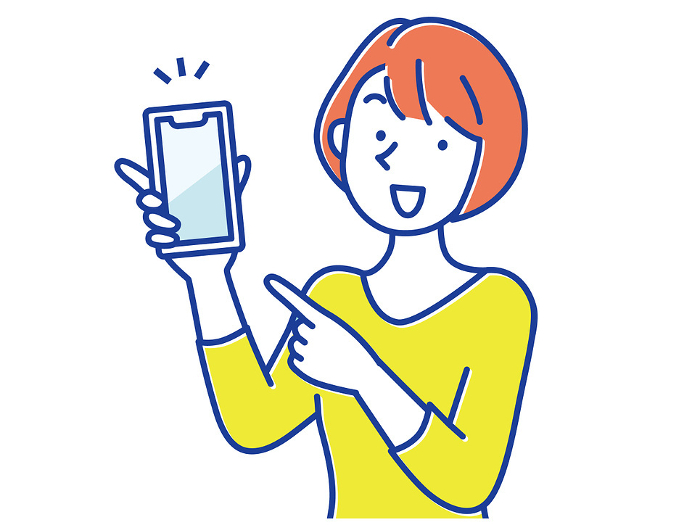 Illustration of a young woman smiling and pointing at a smartphone screen