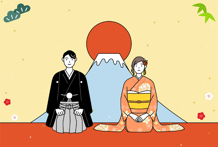 New Year's card for 2024, man and woman in kimono, Mt. Fuji and sunrise on the first day of the year