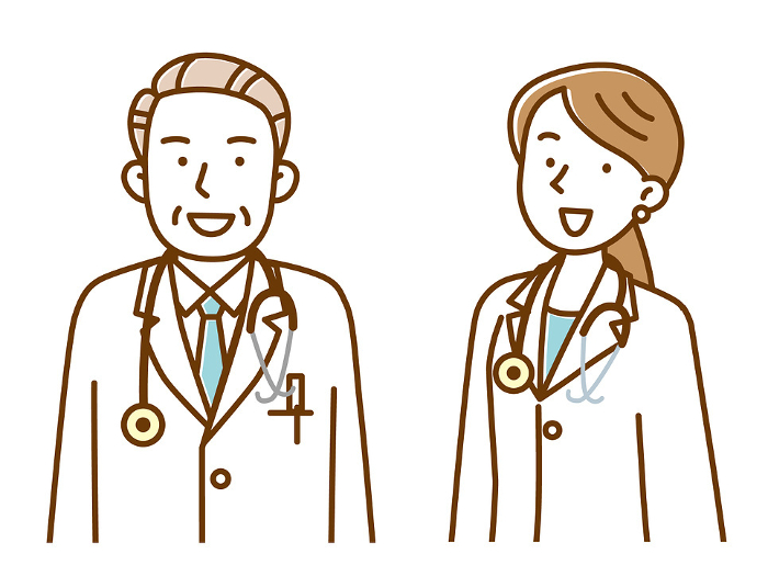 Illustration of a senior male doctor and a young female doctor in white coats