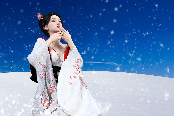 A woman in a bewitching kimono looks into the distance in the snow