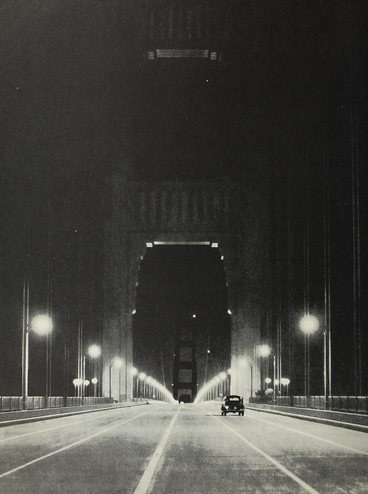 Lone vehicle crossing the Golden Gate Bridge, 1937 Lone vehicle crossing the Golden Gate Bridge, San Francisco, USA. From the report of the Chief Engineer to the Board of Directors of the Golden Gate Bridge and Highway District, California, September, 1937., by PHOTOSTOCK ISRAEL SCIENCE PHOTO LIBRARY