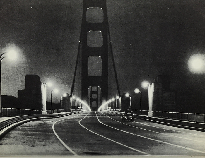 Golden Gate Bridge at night, 1937 Golden Gate Bridge at night, San Francisco, USA. From the report of the Chief Engineer to the Board of Directors of the Golden Gate Bridge and Highway District, California, September, 1937., by PHOTOSTOCK ISRAEL SCIENCE PHOTO LIBRARY