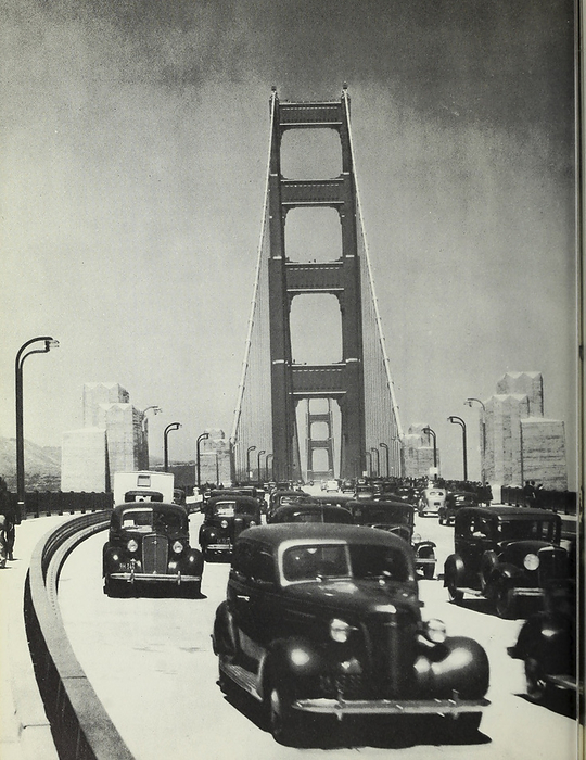 Heavy traffic on Golden Gate Bridge, 1937 Heavy traffic crossing the Golden Gate Bridge, San Francisco, USA. From the report of the Chief Engineer to the Board of Directors of the Golden Gate Bridge and Highway District, California, September, 1937., by PHOTOSTOCK ISRAEL SCIENCE PHOTO LIBRARY