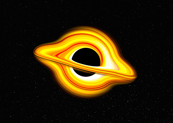 Black hole, conceptual illustration Black hole, conceptual illustration. This is a region in space where the force of gravity is stronger than the speed of light, making it impossible for light to escape. The intense gravity is caused by the compression of matter into a small area, such as when a star s core collapses. As the matter spirals into the black hole, it becomes more compact and hotter, emitting radiation., by VICTOR de SCHWANBERG SCIENCE PHOTO LIBRARY