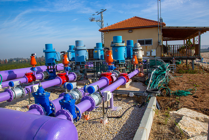 Sewage treatment facility Water pumps at a sewage treatment facility. The treated water is then used for irrigation and agricultural use. Photographed near Hadera, Israel., by PHOTOSTOCK ISRAEL SCIENCE PHOTO LIBRARY