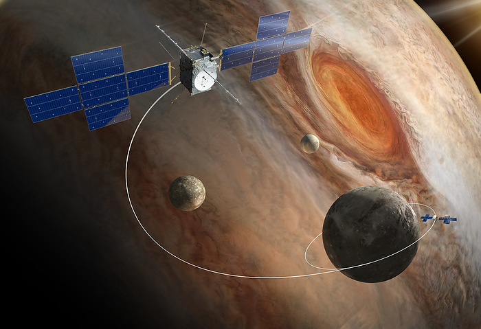 Juice spacecraft orbiting Ganymede, illustration Illustration of the Jupiter Icy Moons Explorer  Juice  spacecraft orbiting Ganymede. The solar wings are the largest ever flown on an interplanetary mission. The size is essential to generate sufficient power for the instruments and spacecraft so far from the Sun. The mission plans to study three large ocean bearing moons  Ganymede  foreground , Callisto  middle ground  and Europa  background . The mission will study these moons as both planetary objects and possible habitats and explore Jupiter s complex atmospheric environment The mission will study these moons as both planetary objects and possible habitats and explore Jupiter s complex atmospheric environment. to understand more about gas giants across the Universe. by CLAUS LUNAU SCIENCE PHOTO LIBRARY