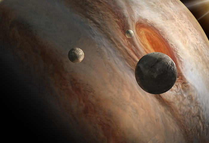 Jupiter s surface and three moons, illustration Illustration depicting Jupiter s surface and three of its moons. Jupiter is the largest planet in the solar system with a diameter of around 140,000 kilometres   more than ten times that of Earth. As a gas giant, it is mostly comprised of hydrogen and helium, with swirling bands of colourful clouds made of ammonia, sulphur and phosphorus. The planet is particularly well known for the Great Red Spot  upper right , a massive storm at its centre that has been raging for hundreds of years. The largest three of Jupiter s many moons are shown here, Callisto, Europa and Ganymede, clockwise from left. These moons were first observed by the astronomer Galileo Galilei in 1610, using an early version of the telescope., by CLAUS LUNAU SCIENCE PHOTO LIBRARY