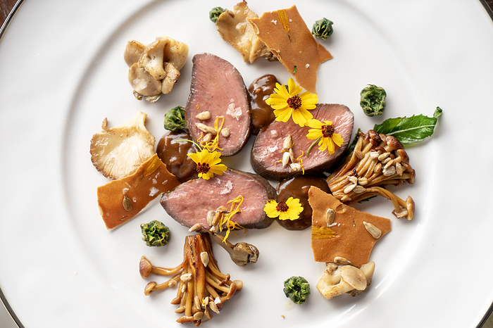 Plated dish of wild game and foraged mushrooms, by Cavan Images / Mark Lipczynski