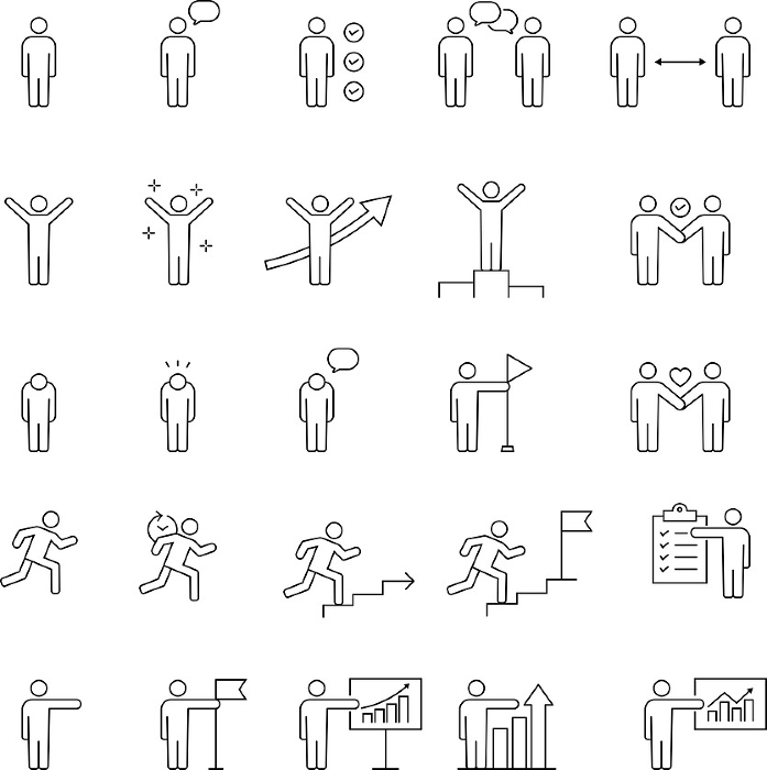 Line drawing pictogram set of various poses and icons
