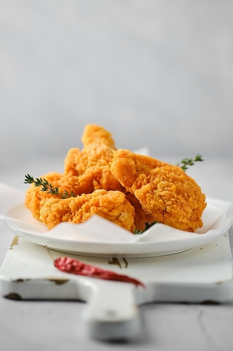 Classic fast food, deep fried spicy chicken meat closeup, by Aleksei Isachenko