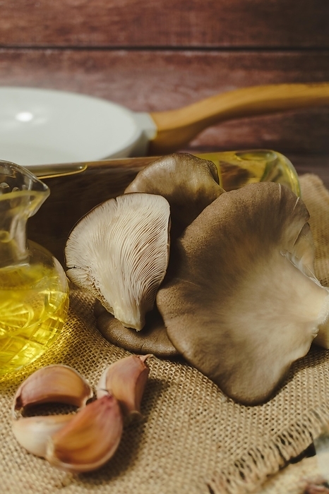 Wild thistle mushrooms or (Pleurotus eryngii) in a wicker basket with ingredients for cooking, garlic and olive oil, by jose hernandez antona