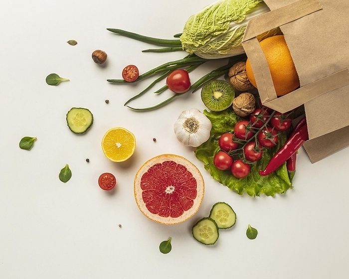 Top view assortment vegetables grocery bag. Resolution and high quality beautiful photo, by Oleksandr Latkun