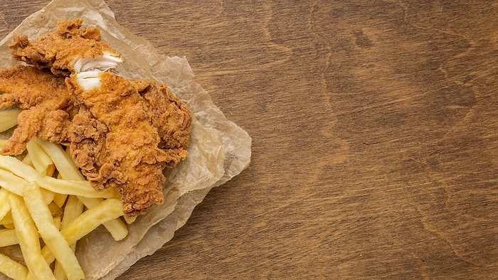 Top view fried chicken fries with copy space. Resolution and high quality beautiful photo, by Oleksandr Latkun