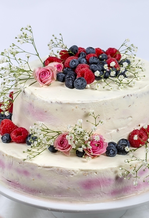 A two tier wedding cake decorated with berries and flowers festive cream cake on a light background, by Thomas Heitz