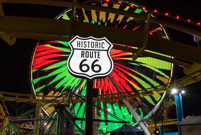 Route 66 Sign and Pacific Wheel at Night Route 66 Sign and Pacific Wheel at Night, by Zoonar Bruno Coelho