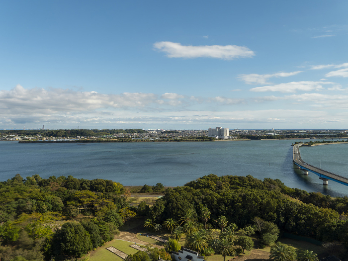 A view of Lake Hamana and the city park through the glass of the observatory
