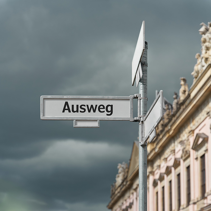 Road sign with the german inscription Ausweg for the way out of the crisis. Translation: way out Road sign with the german inscription Ausweg for the way out of the crisis. Translation: way out, by Zoonar Heiko Kueverl