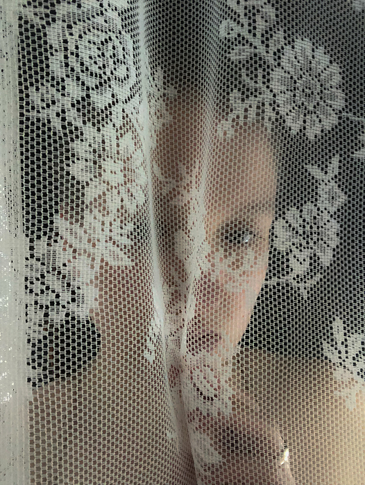 Frau hinter Fenstervorhang dunkler Hintergrund Frau hinter Fenstervorhang dunkler Hintergrund, by Zoonar Eva Maria Pol