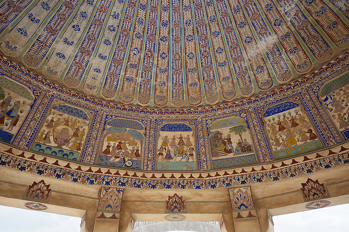 Colourful ceiling of Goenka Chhatri, situated near Shivgarh Fort, now converted in to a Heritage Hotel. It was built by Thakur Kesri Singh Ji in 1750, located in Dundlod, Shekhawati, Rajasthan, India Colourful ceiling of Goenka Chhatri, situated near Shivgarh Fort, now converted in to a Heritage Hotel. It was built by Thakur Kesri Singh Ji in 1750, located in Dundlod, Shekhawati, Rajasthan, India, by Zoonar RealityImages