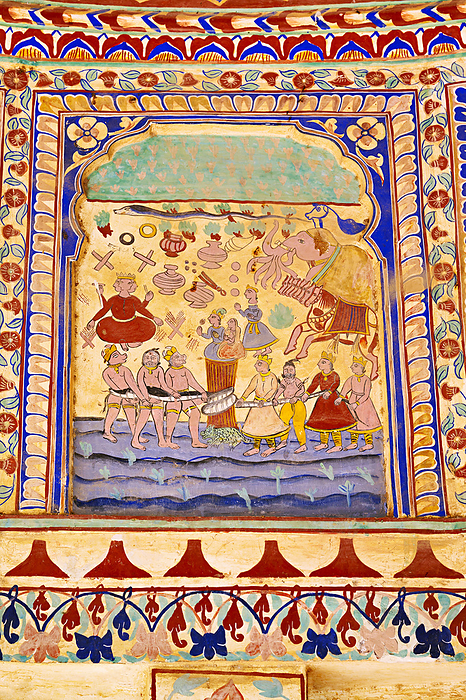 Colourful mythological paintings on the ceiling of Goenka Chhatri, situated near Shivgarh Fort, now converted in to a Heritage Hotel. It was built by Thakur Kesri Singh Ji in 1750, located in Dundlod, Shekhawati, Rajasthan, India Colourful mythological paintings on the ceiling of Goenka Chhatri, situated near Shivgarh Fort, now converted in to a Heritage Hotel. It was built by Thakur Kesri Singh Ji in 1750, located in Dundlod, Shekhawati, Rajasthan, India, by Zoonar RealityImages