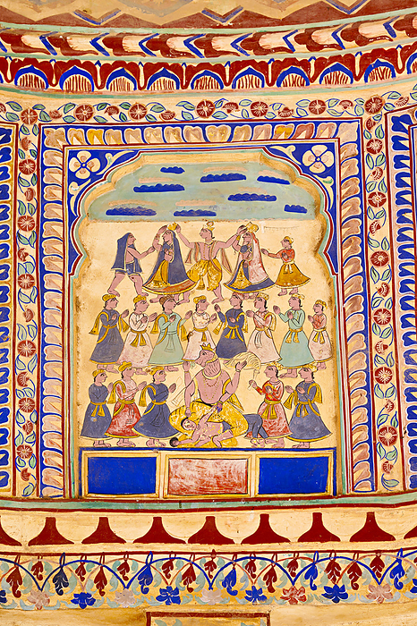 Colourful mythological paintings on the ceiling of Goenka Chhatri, situated near Shivgarh Fort, now converted in to a Heritage Hotel. It was built by Thakur Kesri Singh Ji in 1750, located in Dundlod, Shekhawati, Rajasthan, India Colourful mythological paintings on the ceiling of Goenka Chhatri, situated near Shivgarh Fort, now converted in to a Heritage Hotel. It was built by Thakur Kesri Singh Ji in 1750, located in Dundlod, Shekhawati, Rajasthan, India, by Zoonar RealityImages