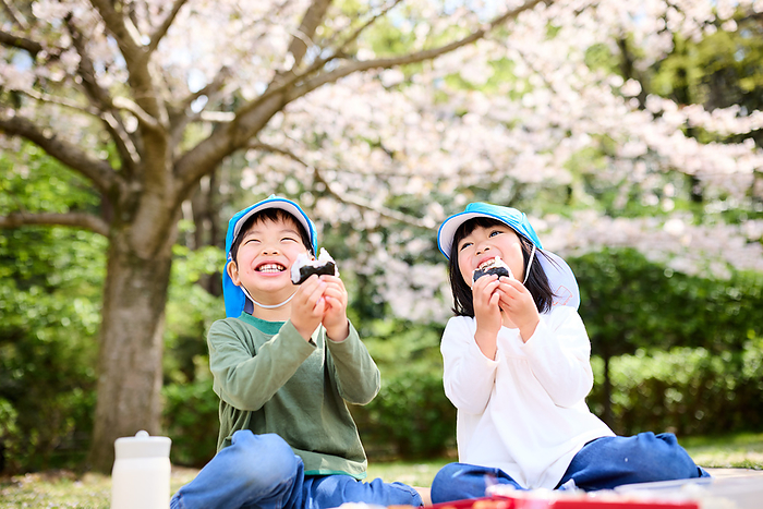 Japanese child eating an onigiri
