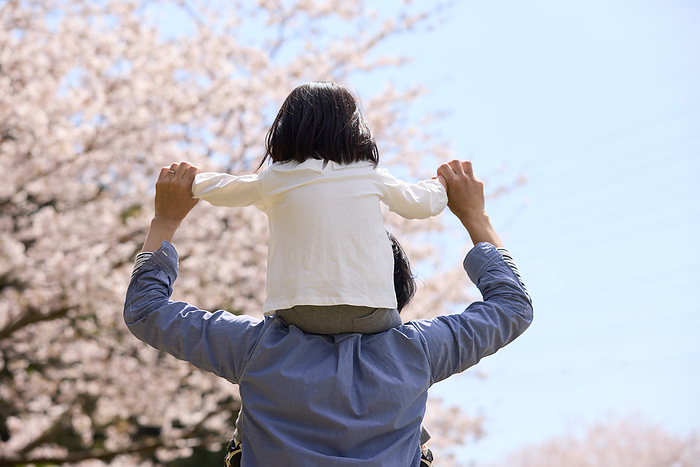 Back view of parents and children viewing cherry blossoms