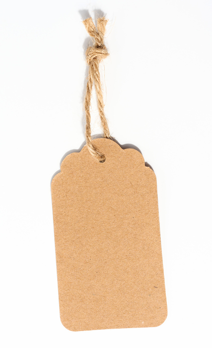 Blank brown rectangular brown paper tag on a rope  on white background, template for price, discount Blank brown rectangular brown paper tag on a rope  on white background, template for price, discount