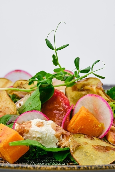Macro photo of salad with soft cheese, radish, pear, pumpkin and sun dried tomato