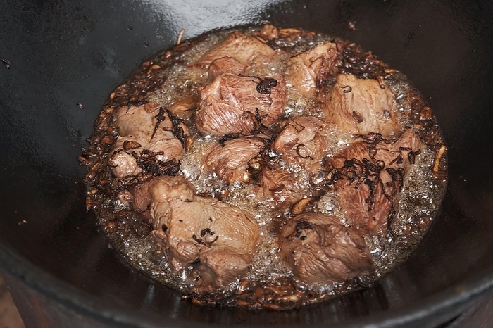 Meat and onions in cauldron. The making of pilaf, step by step