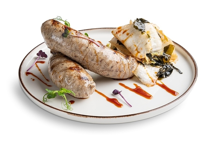 Fried Weisswurst (white veal sausage) with marinated cabbage and sea wed