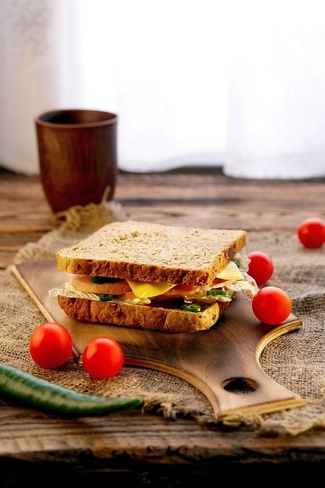 Country sandwich: Rye bread, ham, cheese, tomato and chilli with barbecue sauce