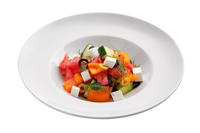 Salad with fresh tomato, cucumber, pepper, olives and mozzarella isolated on white background