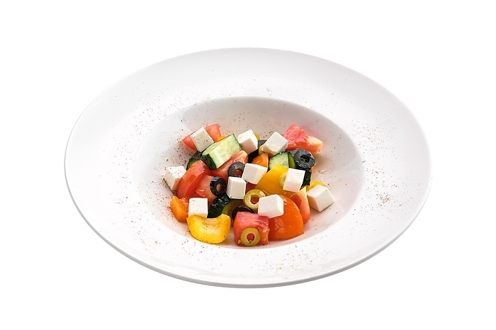 Salad with pepper, tomato, cucumber, olives and feta isoalted on white background