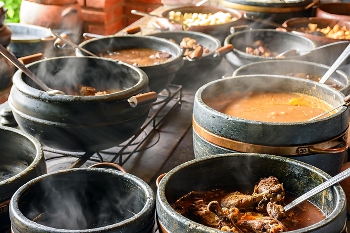 Typical Brazilian foods placed in clay pots and on a metal plate of a traditional wood stove, Brasil