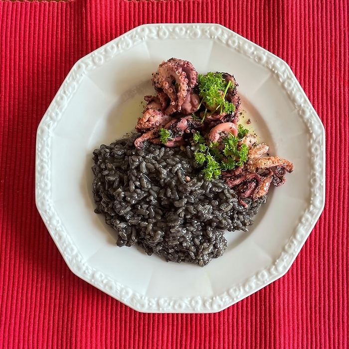 Italian dish from Italian cuisine Black risotto nero with octopus garnished with parsley, Italy, Europe