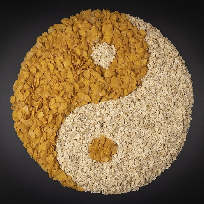 Yin Yang from cornflakes and oatmeal, healthy eating, feng shui, dark background, food photography