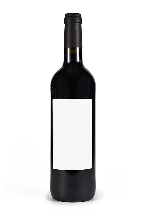 Single wine bottle with blank label isolated on white background