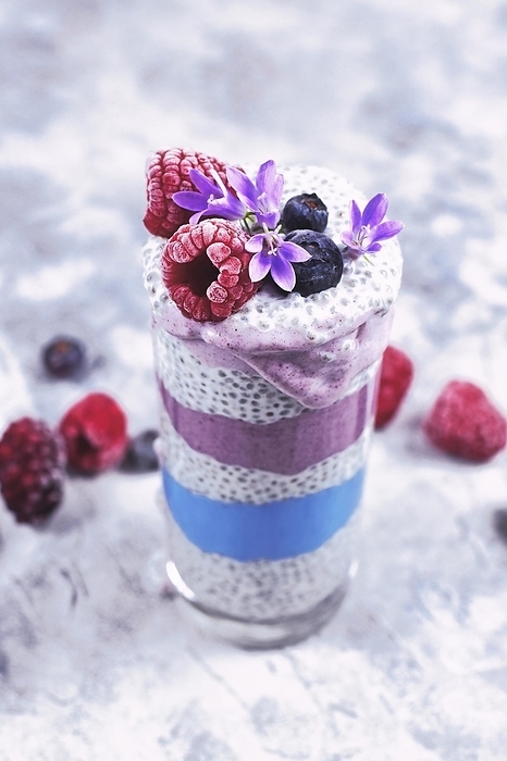 Layered smoothie with natural colored fruit and healthy chia seed pudding in drinking glass