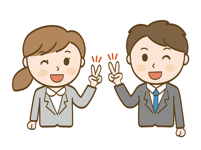 Female and male office workers in suits with smiles and peace signs
