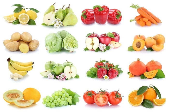 Fruit and vegetables Fruits with apple Orange Tomatoes as collage background cropped isolated in Stuttgart, Germany, Europe
