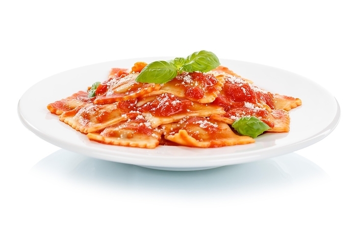 Ravioli Italian pasta exempt isolated eat lunch dish with plate in tomato sauce in Stuttgart, Germany, Europe